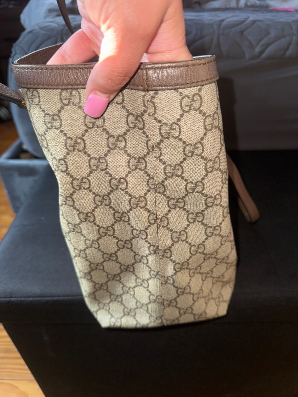 Gucci Beige GG Supreme Tote with Brown Leather and Red/Green Stripe - Picture 5 of 12